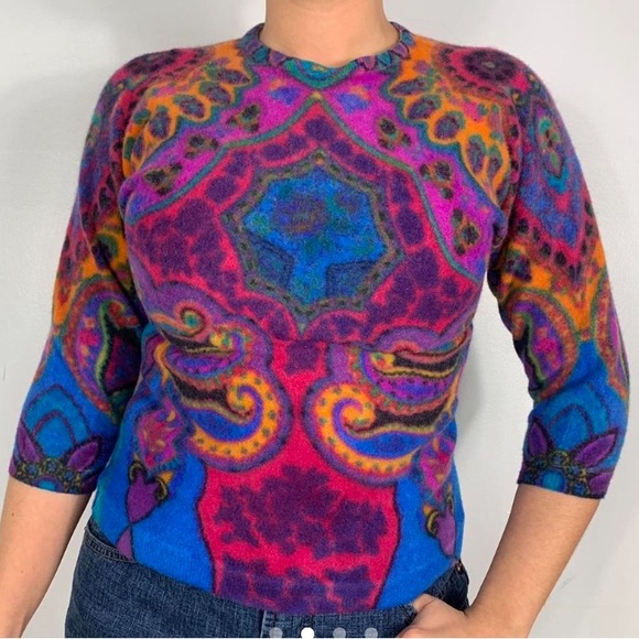VINTAGE 90’s MULTI COLOR PATTERN KNIT TIGHT SWEATER - Picture 3 of 4